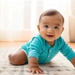 Home 22 클라우드 서비스 도입의 장단점 비교 - A cheerful baby, approximately 9-12 months old, sitting happily on a plush, patterned rug in a sunli...