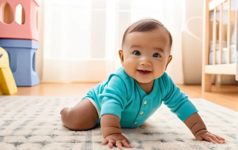 클라우드 서비스 도입의 장단점 비교 - A cheerful baby, approximately 9-12 months old, sitting happily on a plush, patterned rug in a sunli...