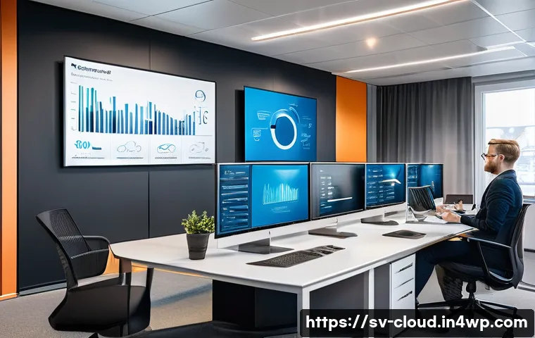 클라우드 서비스의 벤치마킹 전략 - A high-tech office environment in Stockholm, featuring a diverse team of professionals analyzing clo...
