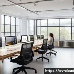 Home 19 클라우드 서비스의 사용자 맞춤형 옵션 평가 - A modern Scandinavian office environment showcasing a team of diverse professionals collaborating se...