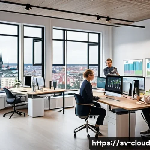 Home 30 클라우드 서비스 성능 측정 도구 소개 - A modern Scandinavian office environment where a diverse team of IT professionals—men and women in t...