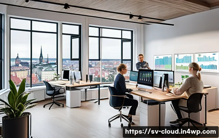 클라우드 서비스 성능 측정 도구 소개 - A modern Scandinavian office environment where a diverse team of IT professionals—men and women in t...