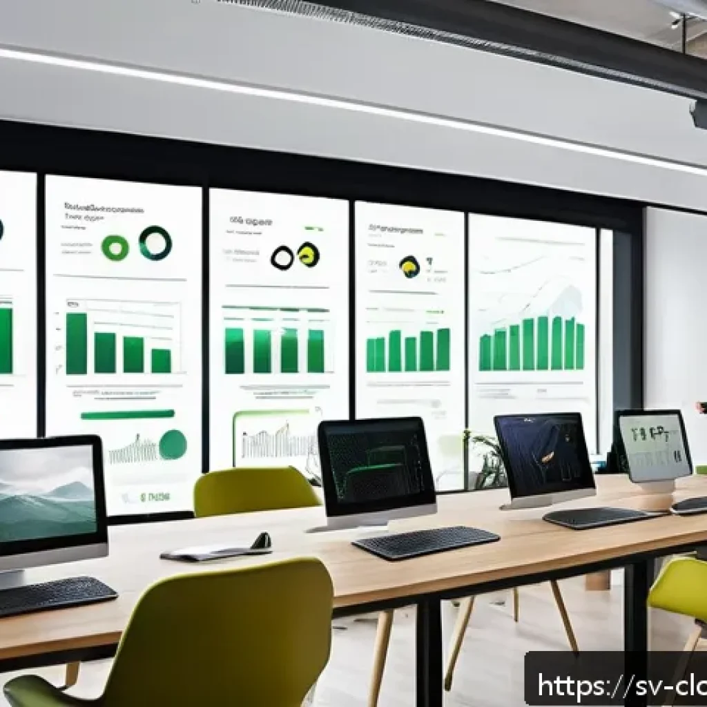클라우드 서비스의 유연성 분석 - A modern Scandinavian office environment with diverse professionals collaborating around a large dig...