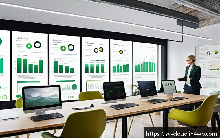 클라우드 서비스의 유연성 분석 - A modern Scandinavian office environment with diverse professionals collaborating around a large dig...